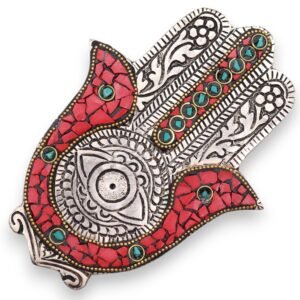 Porta-incienso Mano de Fátima Hamsa Rojo y Verde 13 cm