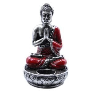 Buda Porta Velas Rojo y Plata: Decoración Zen (17 cm) - Imagen 8