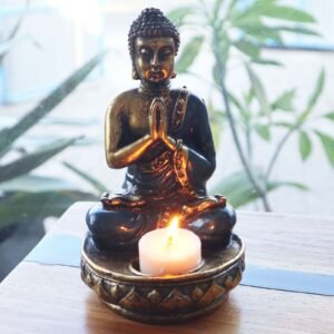 Buda Porta Velas Rojo y Plata: Decoración Zen (17 cm) - Imagen 9
