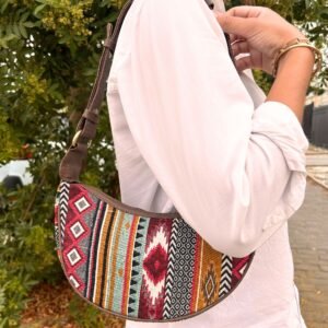 Bolso Hobo Jacquard Marrón Intenso - Estilo Étnico Boho - Imagen 1