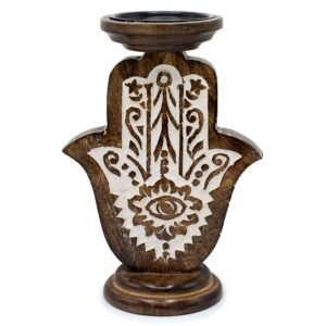 Candelabro Hamsa grande de madera de mango 25x18 cm - Imagen 1