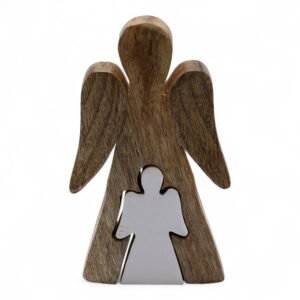 Figura Doble Ángel de Madera y Esmalte Blanco - 15 cm