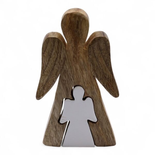 Figura Doble Ángel de Madera y Esmalte Blanco - 15 cm