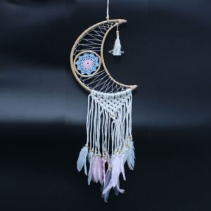 Atrapasueños de Luna en Macramé y Ratán Azul y Rosa - Imagen 5