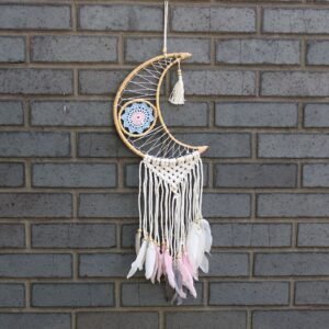 Atrapasueños de Luna en Macramé y Ratán Azul y Rosa - Imagen 1