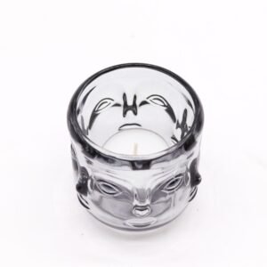 Portavelas de Vidrio Buda Gris Medianoche – Diseño Zen Minimalista (7 cm)