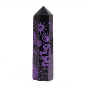Obelisco Obsidiana Negra Grabada Morado - Sol y Luna 9cm - Imagen 3