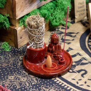 Porta Incienso Buda de Cerámica Roja - Soporte para Varillas y Conos - Imagen 2