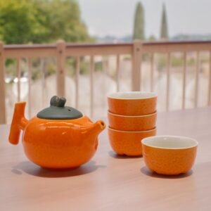 Juego de Té de Cerámica Naranja - Tetera y 4 Tazas - Imagen 1