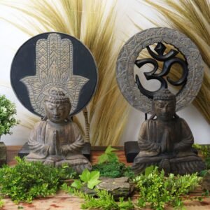 Buddha Feng Shui Set: Buda y Panel Om en Madera - Gris y Negro - Imagen 5