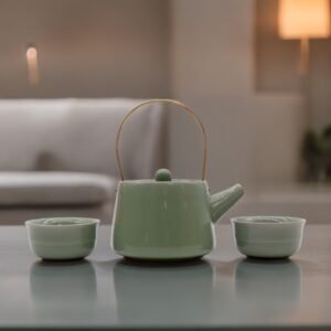 Set de Té de Cerámica Verde - Tetera con Asa y 2 Tazas