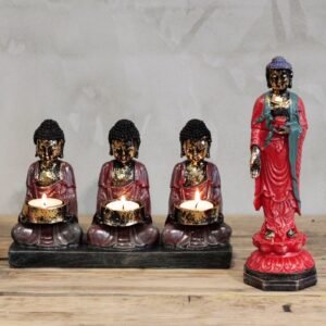 Portavelas Tres Monjes Devotos Buda - Estilo Antiguo Rojo - Imagen 3