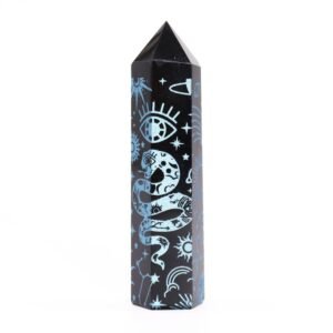 Obelisco Obsidiana Negra Grabada Azul Cielo - 9 cm - Imagen 4