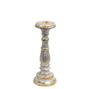 Candelabro de Madera Tallado a Mano (30 cm) – Oro Blanco Envejecido - Imagen 1