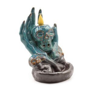 Quemador de Incienso Reflujo Inverso – Calavera en la Mano de Cerámica Azul - Imagen 4