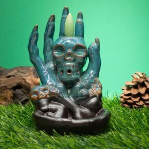 Quemador de Incienso Reflujo Inverso – Calavera en la Mano de Cerámica Azul - Imagen 5
