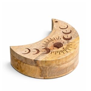 Caja Alhajero de Madera de Mango - Diseño Luna Creciente con Tapa Deslizante y Grabados Celestiales
