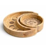 Set de 2 Bandejas Celestiales de Madera de Mango - Diseño Sol y Luna para Cristales y Altar