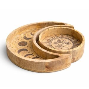 Set de 2 Bandejas Celestiales de Madera de Mango - Diseño Sol y Luna para Cristales y Altar - Imagen 1