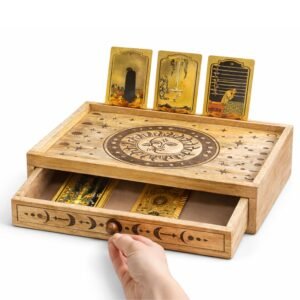 Cofre Altar de Madera de Mango con Cajón - Organizador de Tarot y Cristales "Sol y Luna" - Imagen 2