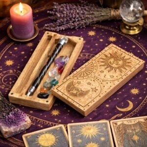Cofre de Altar para Tarot en Madera de Mango - Organizador con Cajón y Soporte "Sol y Luna" - Imagen 4
